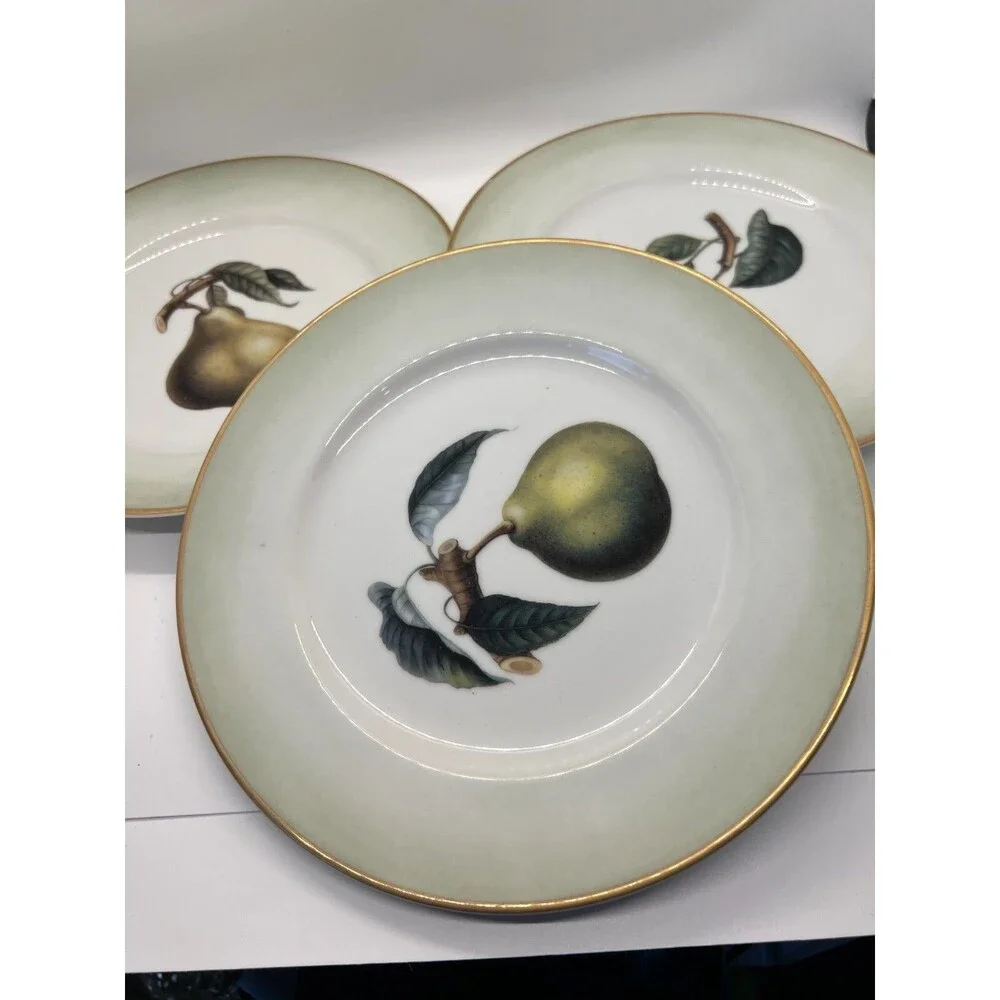 WILLIAMS SONOMA plates Pear Salad Accent Green Gold Rim 8 1/4